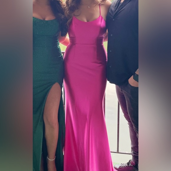 Faviana Pink Satin Scoop Neck Dress With Lace Up Back - Picture 3 of 6